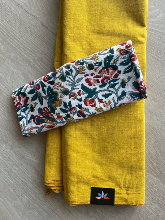 Double Tone (Mustard Gold/Yellow) Plain Cotton Saree with Contrast Blouse-31478