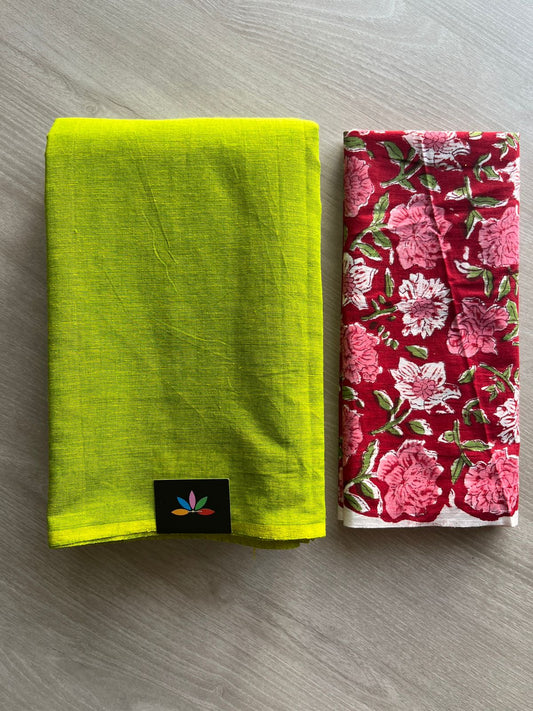 Double Tone (Parrot Green/Bright Yellow) Plain Cotton Saree with Contrast Blouse-31479