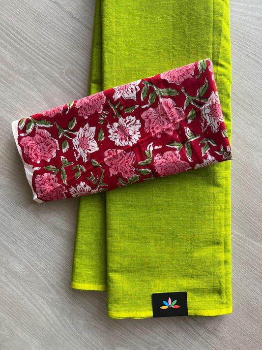 Double Tone (Parrot Green/Bright Yellow) Plain Cotton Saree with Contrast Blouse-31479