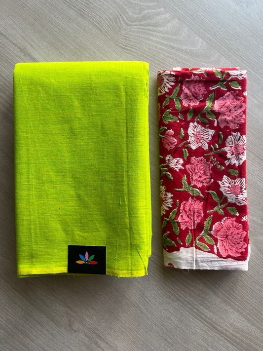 Double Tone (Parrot Green/Neon Yellow) Plain Cotton Saree with Contrast Blouse-31481
