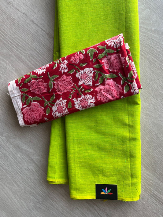 Double Tone (Parrot Green/Neon Yellow) Plain Cotton Saree with Contrast Blouse-31481