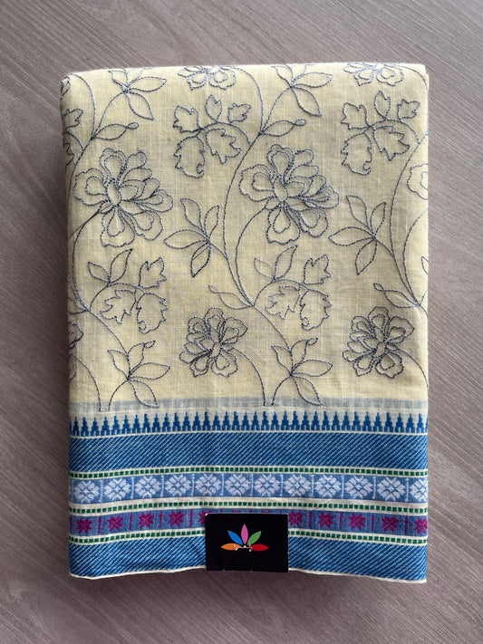 Light Pastel Yellow Machine Embroidered Cotton Saree -12488