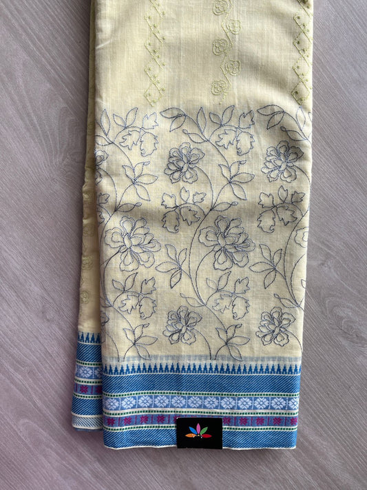 Light Pastel Yellow Machine Embroidered Cotton Saree -12488