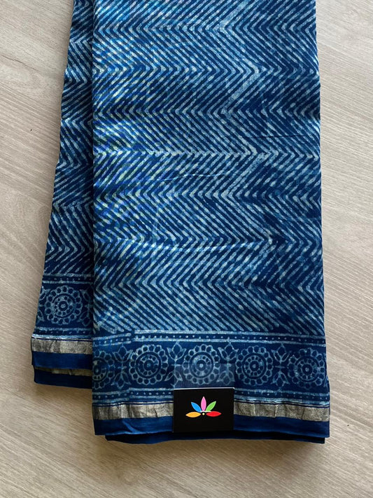 Akola Handblock Printed Indigo Chanderi Silk Cotton Saree-12985