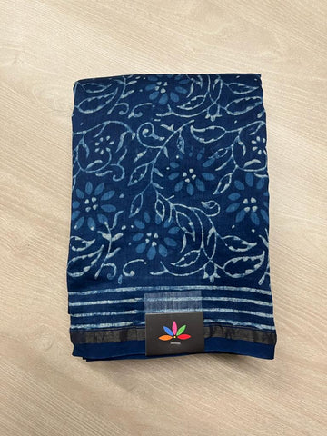 Akola Handblock Printed Indigo Chanderi Silk Cotton Saree - 8820