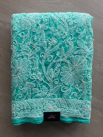 Jungle Green All Over Fine Chikankari Semi Georgette Saree -10002