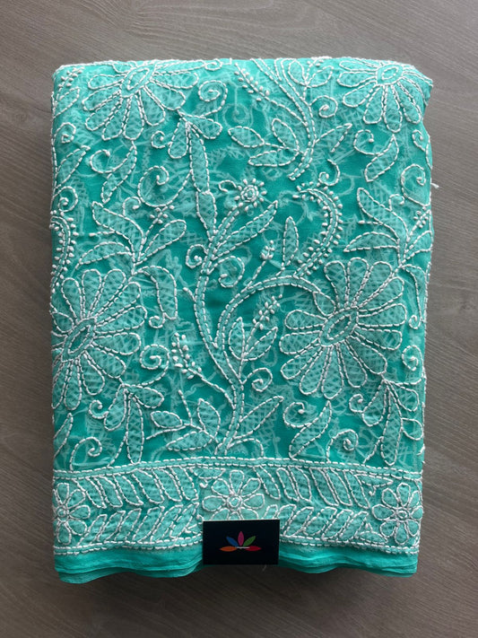 Jungle Green All Over Fine Chikankari Semi Georgette Saree -10002