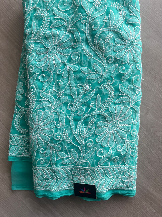 Jungle Green All Over Fine Chikankari Semi Georgette Saree -10002
