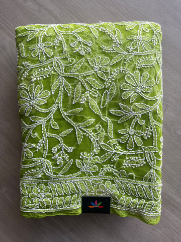 Lime Green All Over Fine Chikankari Semi Georgette Saree -10006