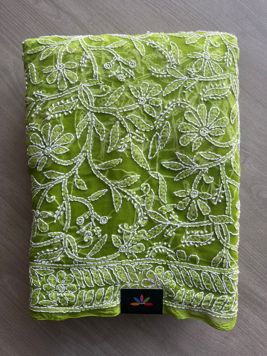 Lime Green All Over Fine Chikankari Semi Georgette Saree -10006