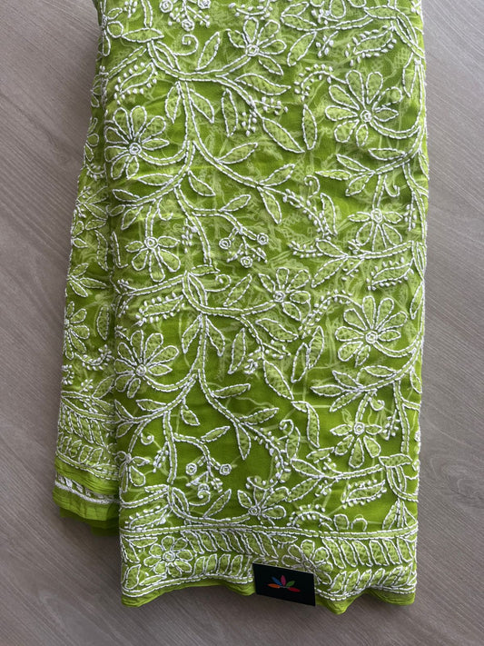 Lime Green All Over Fine Chikankari Semi Georgette Saree -10006