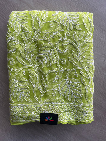 Bright Pear Green All Over Fine Chikankari Semi Georgette Saree -10011