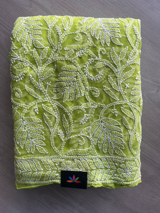 Bright Pear Green All Over Fine Chikankari Semi Georgette Saree -10011