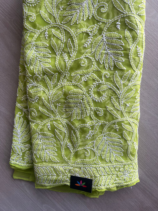 Bright Pear Green All Over Fine Chikankari Semi Georgette Saree -10011