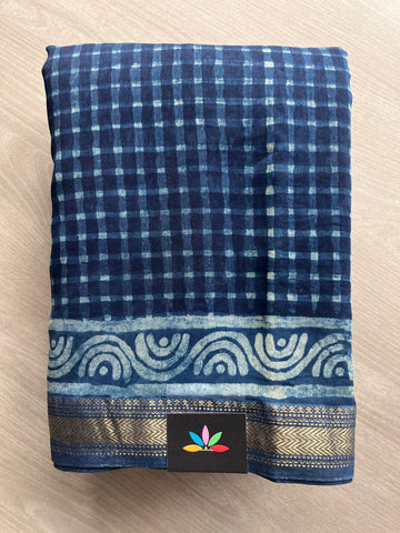 Blue Zodiac Handblock Printed Zari Border Chanderi Cotton Silk Saree - 32014