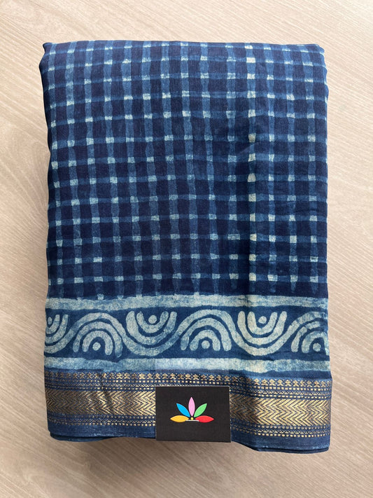 Blue Zodiac Handblock Printed Zari Border Chanderi Cotton Silk Saree - 32014