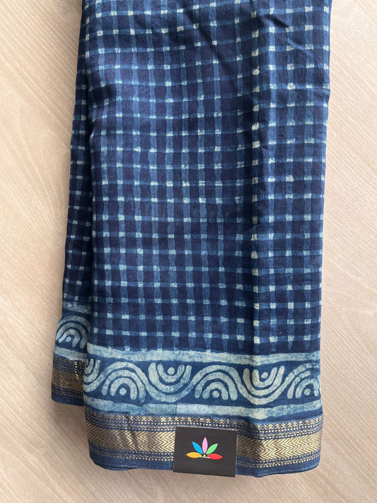 Blue Zodiac Handblock Printed Zari Border Chanderi Cotton Silk Saree - 32014