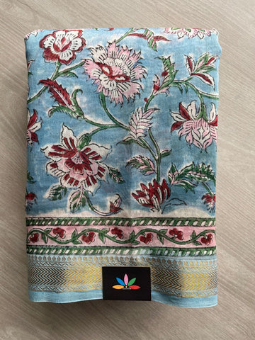Moonstone Blue Handblock Printed Zari Border Chanderi Cotton Silk Saree - 32017