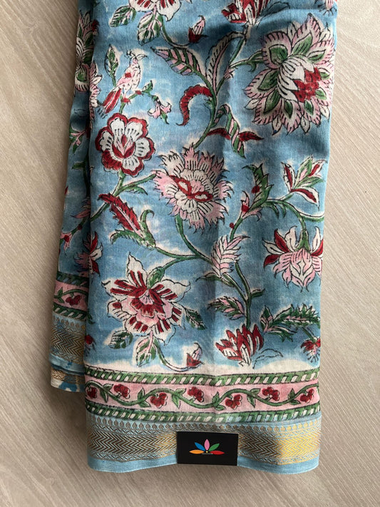 Moonstone Blue Handblock Printed Zari Border Chanderi Cotton Silk Saree - 32017