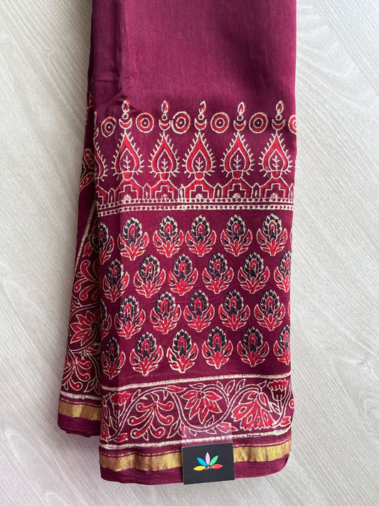 Maroon Handblock Printed Chanderi Cotton Silk Saree -29986-29987