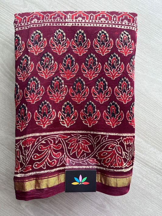 Maroon Handblock Printed Chanderi Cotton Silk Saree -29986-29987