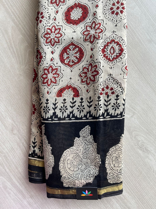 Light Beige & White Handblock Printed Chanderi Cotton Silk Saree -29998-29999