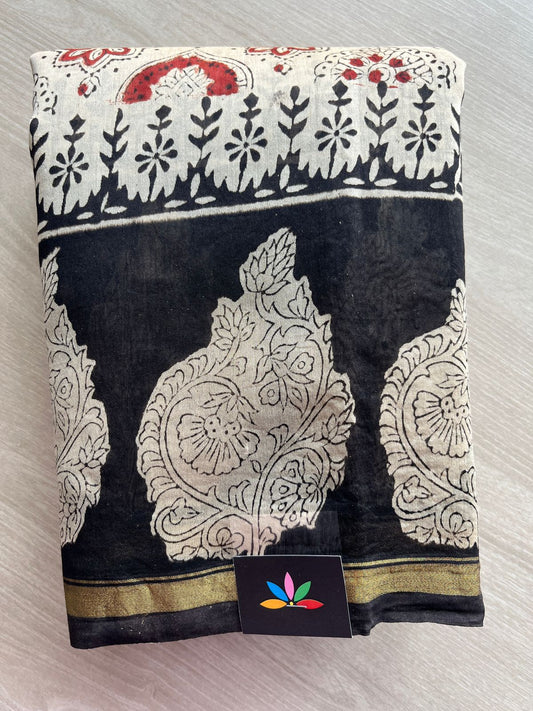 Light Beige & White Handblock Printed Chanderi Cotton Silk Saree -29998-29999