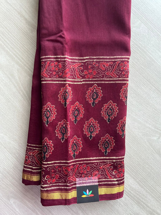 Maroon Handblock Printed Chanderi Cotton Silk Saree -30000-30001