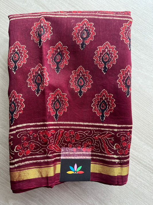 Maroon Handblock Printed Chanderi Cotton Silk Saree -30000-30001