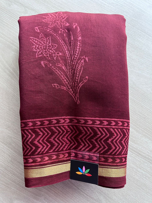 Maroon Handblock Printed Chanderi Cotton Silk Saree -30004-30005
