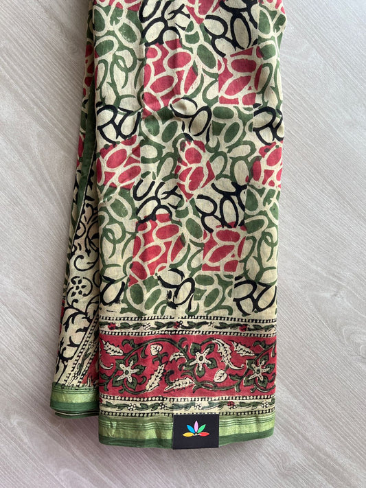 Light Beige Handblock Printed Chanderi Cotton Silk Saree -30012-30013