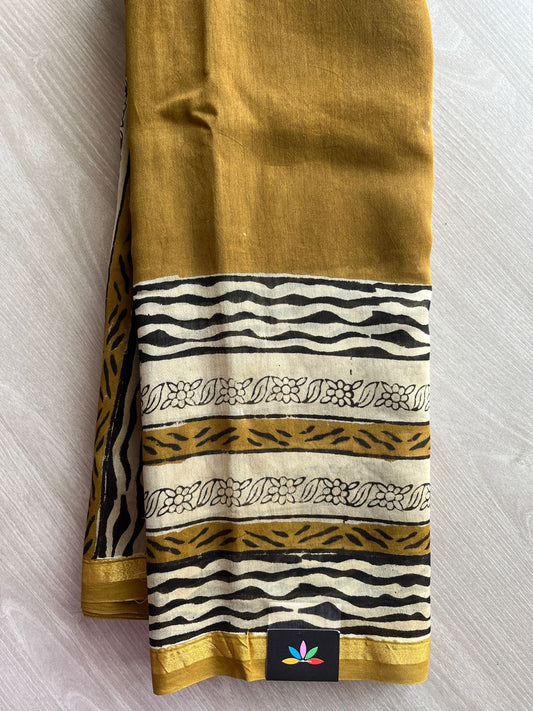 Mustard Gold Handblock Printed Chanderi Cotton Silk Saree -30014-30015