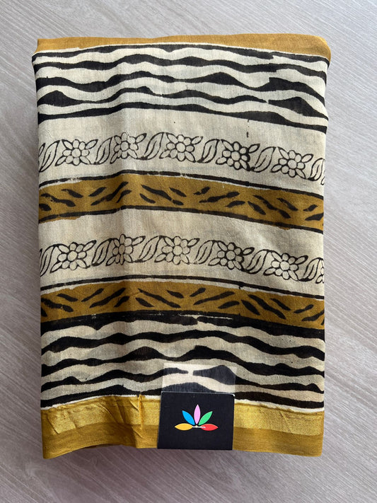 Mustard Gold Handblock Printed Chanderi Cotton Silk Saree -30014-30015