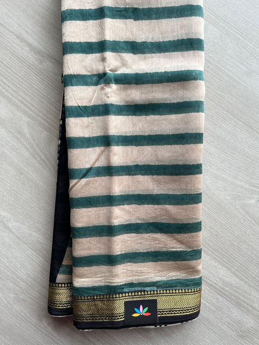 Beige & Emerald Green Handblock Printed Zari Border Chanderi Cotton Silk Saree -30568
