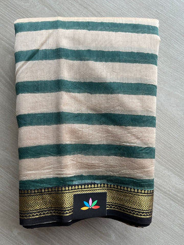 Beige & Emerald Green Handblock Printed Zari Border Chanderi Cotton Silk Saree -30568