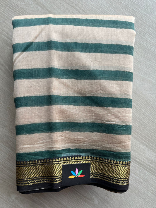 Beige & Emerald Green Handblock Printed Zari Border Chanderi Cotton Silk Saree -30568