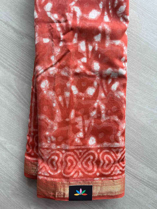 Reddish Orange Handblock Printed Zari Border Chanderi Cotton Silk Saree -30571