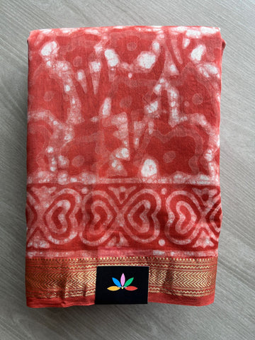 Reddish Orange Handblock Printed Zari Border Chanderi Cotton Silk Saree -30571