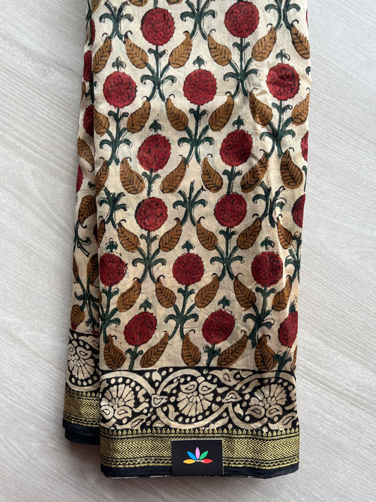 Light Beige Handblock Printed Zari Border Chanderi Cotton Silk Saree -30572
