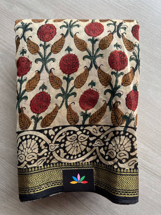 Light Beige Handblock Printed Zari Border Chanderi Cotton Silk Saree -30572
