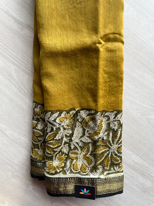 Antique Mustard Gold Handblock Printed Zari Border Chanderi Cotton Silk Saree -30573