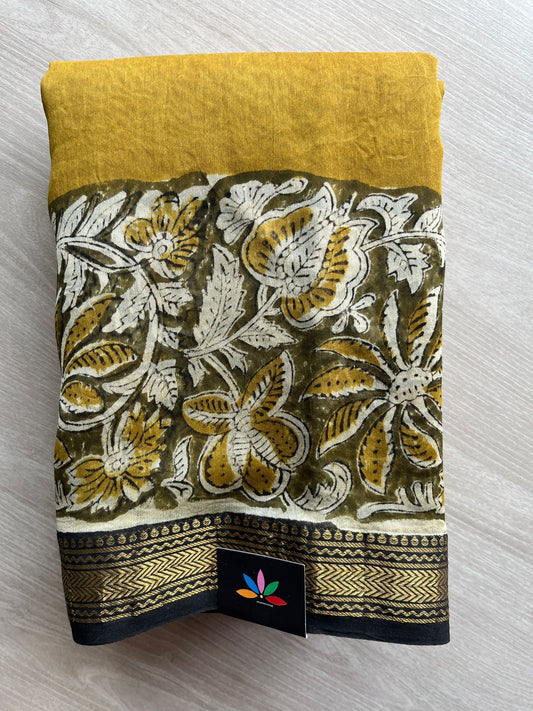 Antique Mustard Gold Handblock Printed Zari Border Chanderi Cotton Silk Saree -30573