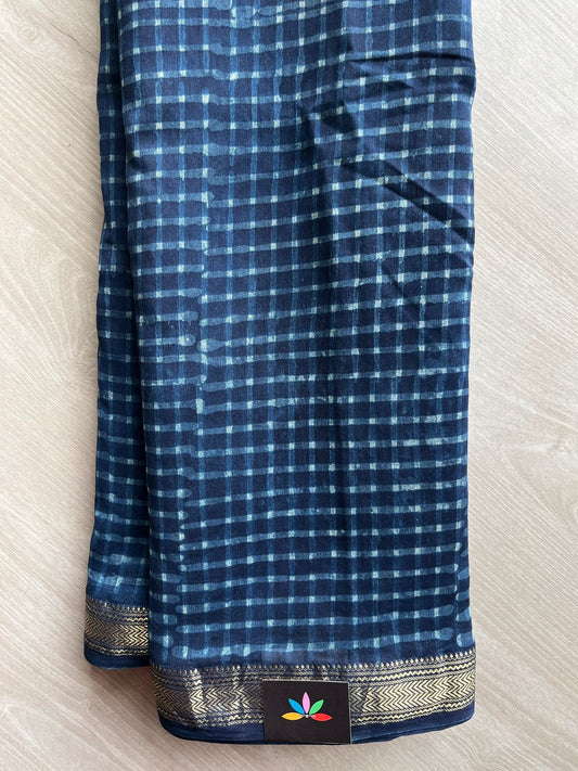 Dark Imperial Blue Handblock Printed Zari Border Chanderi Cotton Silk Saree -30574
