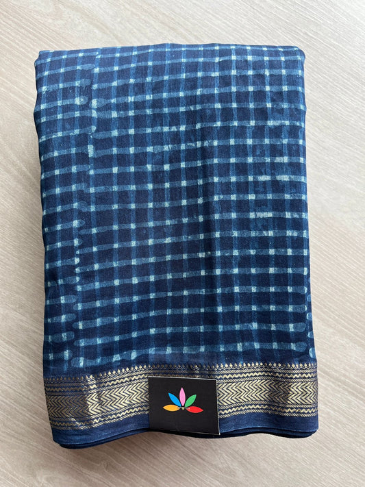 Dark Imperial Blue Handblock Printed Zari Border Chanderi Cotton Silk Saree -30574