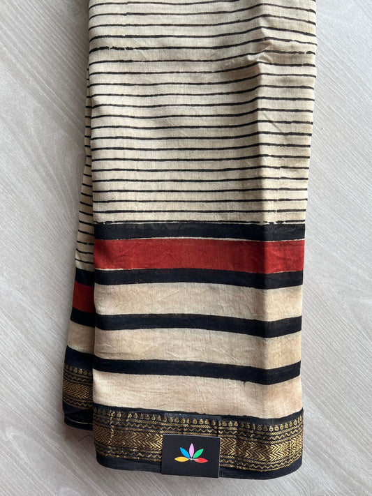 Light Beige & Black Handblock Printed Zari Border Chanderi Cotton Silk Saree -30575