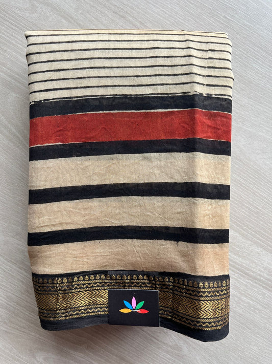 Light Beige & Black Handblock Printed Zari Border Chanderi Cotton Silk Saree -30575
