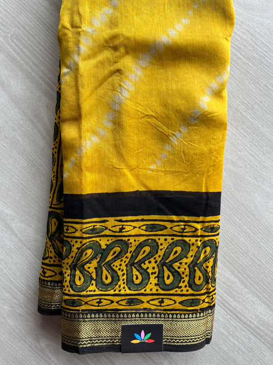 Mustard Yellow Handblock Printed Zari Border Chanderi Cotton Silk Saree -30577