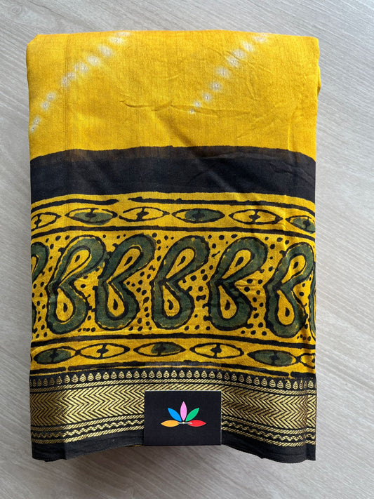 Mustard Yellow Handblock Printed Zari Border Chanderi Cotton Silk Saree -30577