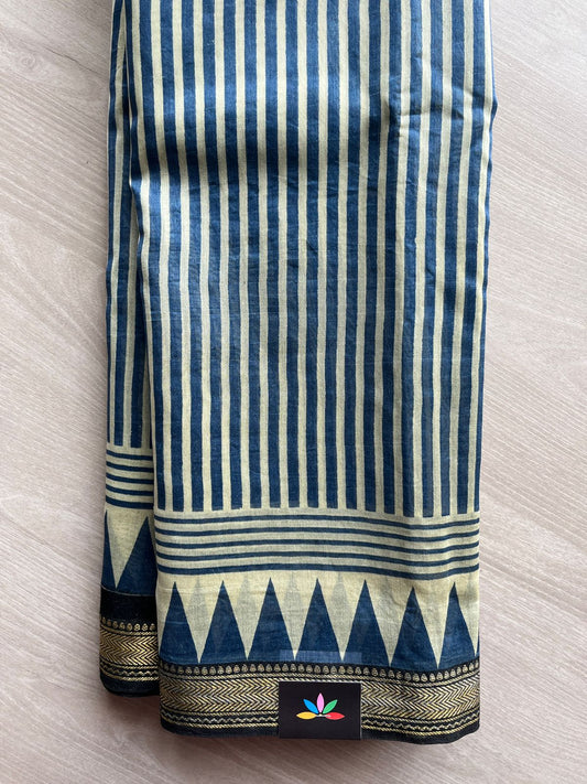 Dark Imperial Blue Handblock Printed Zari Border Chanderi Cotton Silk Saree -30578