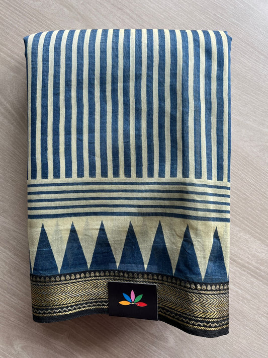 Dark Imperial Blue Handblock Printed Zari Border Chanderi Cotton Silk Saree -30578